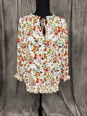 Tie-Neck Floral Long-Sleeve Blouse - White Multi